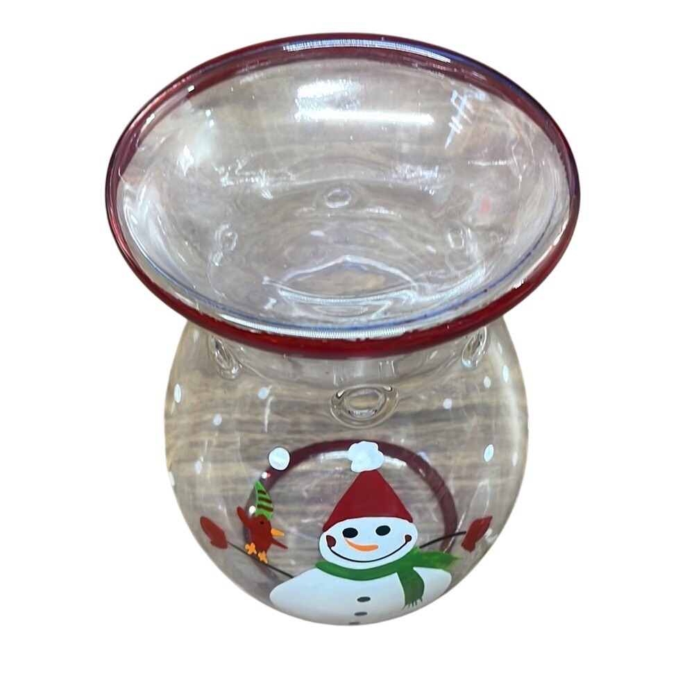 Christmas Snowman Bird Red Trim Clear Glass Wax Melt Oil Warmer Burner‎
